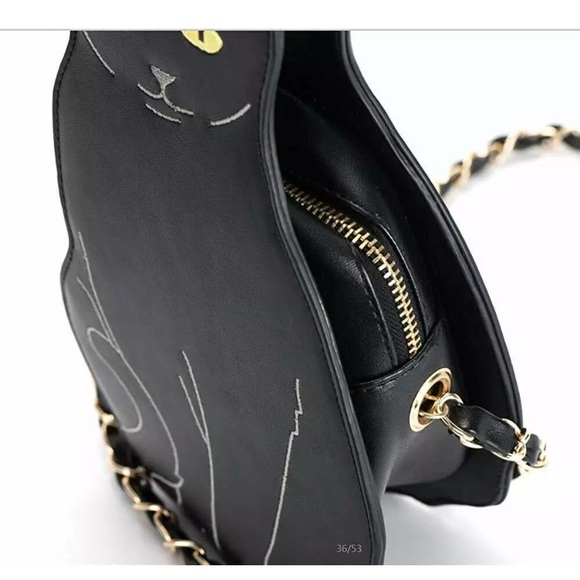 Black cat kitty crossbody purse gold chain kitten - Picture 12 of 13